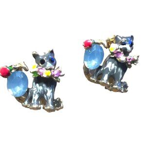 Cat Themed Earrings Enamel Crystal Stud Blue Flowers Cute Catlovers